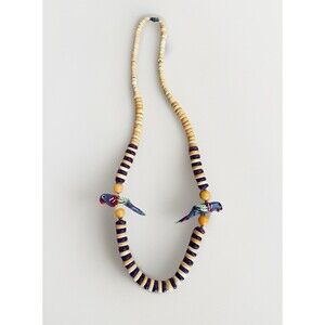 VTG '80s Boho Clay Disk Necklace 22" w/ Hand-Carved Parrot Beads & Brass Spacers